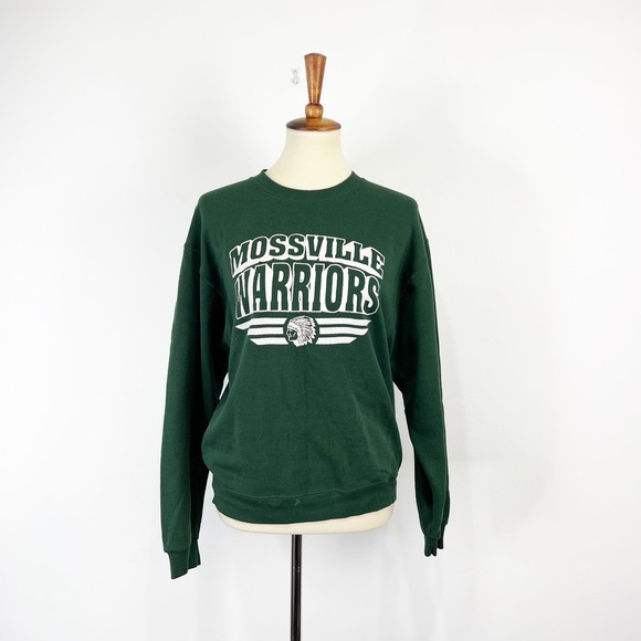 Vintage Sweaters - Vintage school sweater sweatshirt green and white Mossville Warriors Size Small